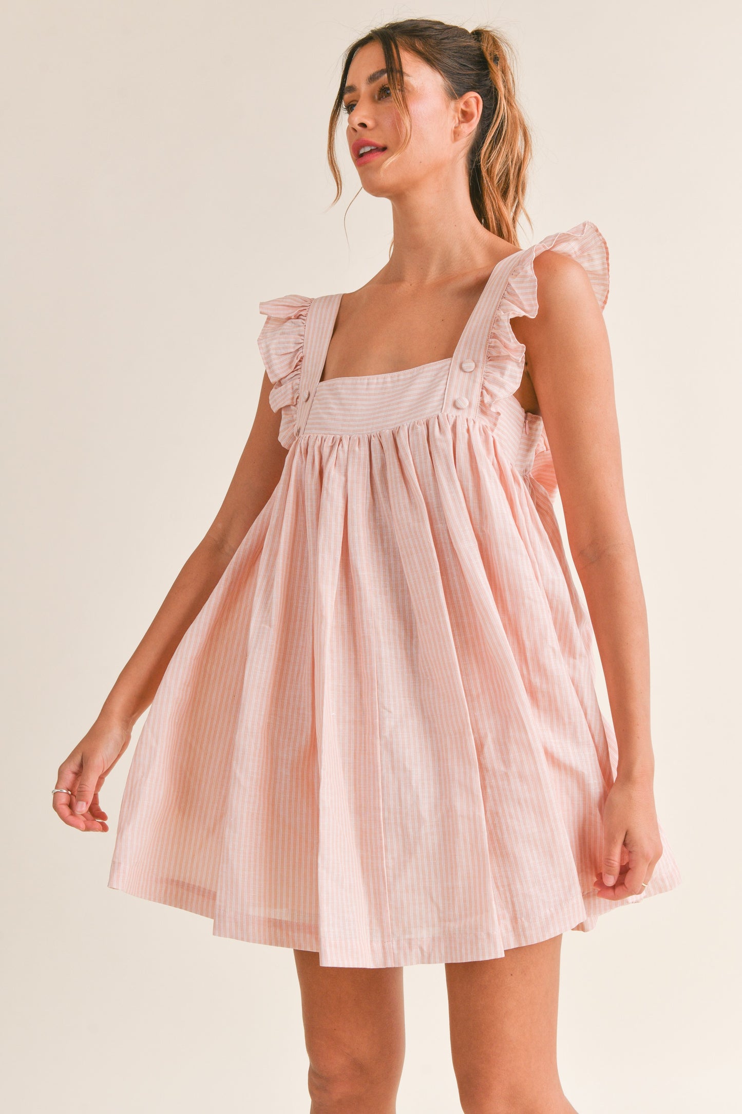 LINEN STRIPED RUFFLE SLEEVE BACK BOW MINI DRESS