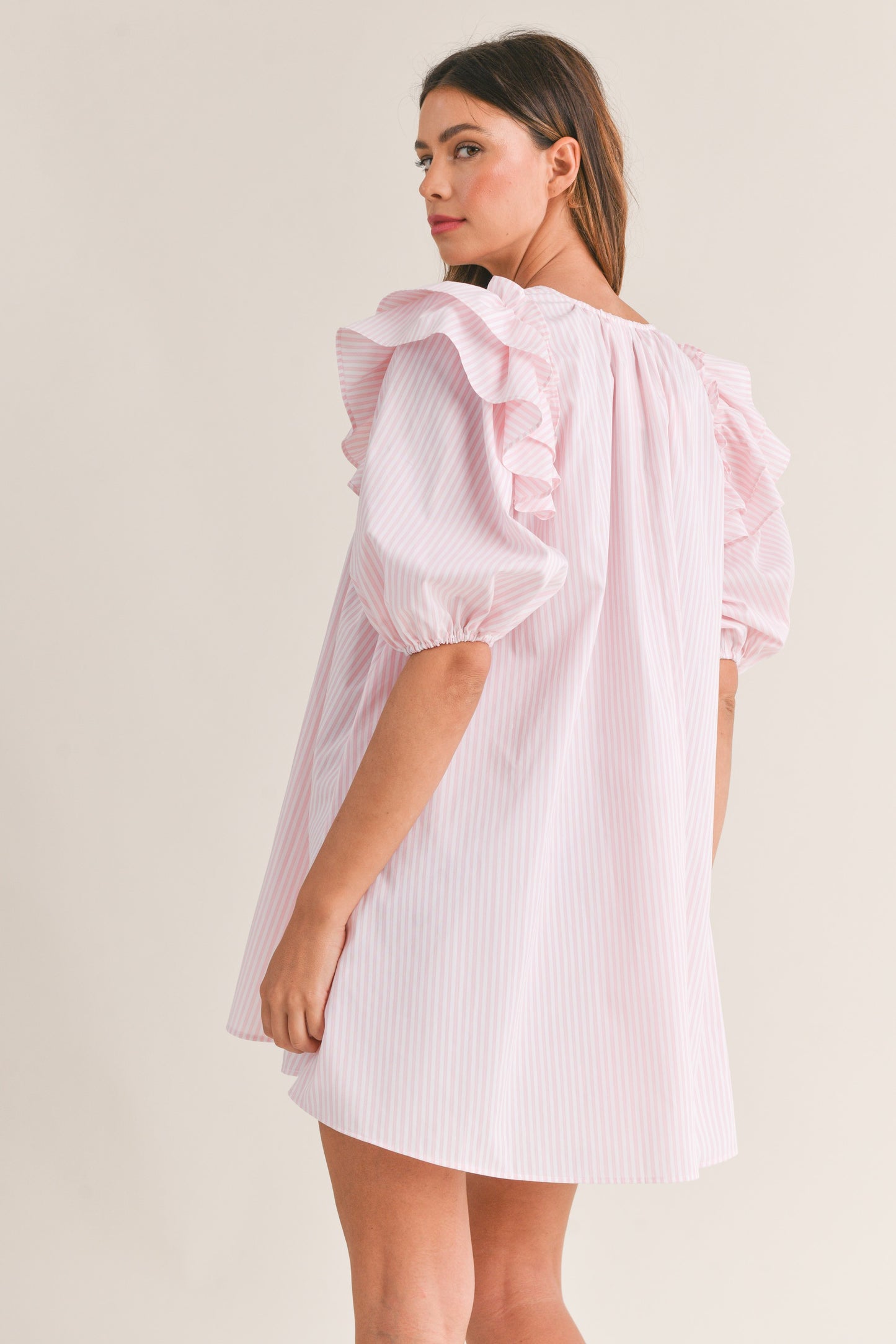STRIPPED RUFFLE SHOULDER PUFF SLEEVE MINI DRESS