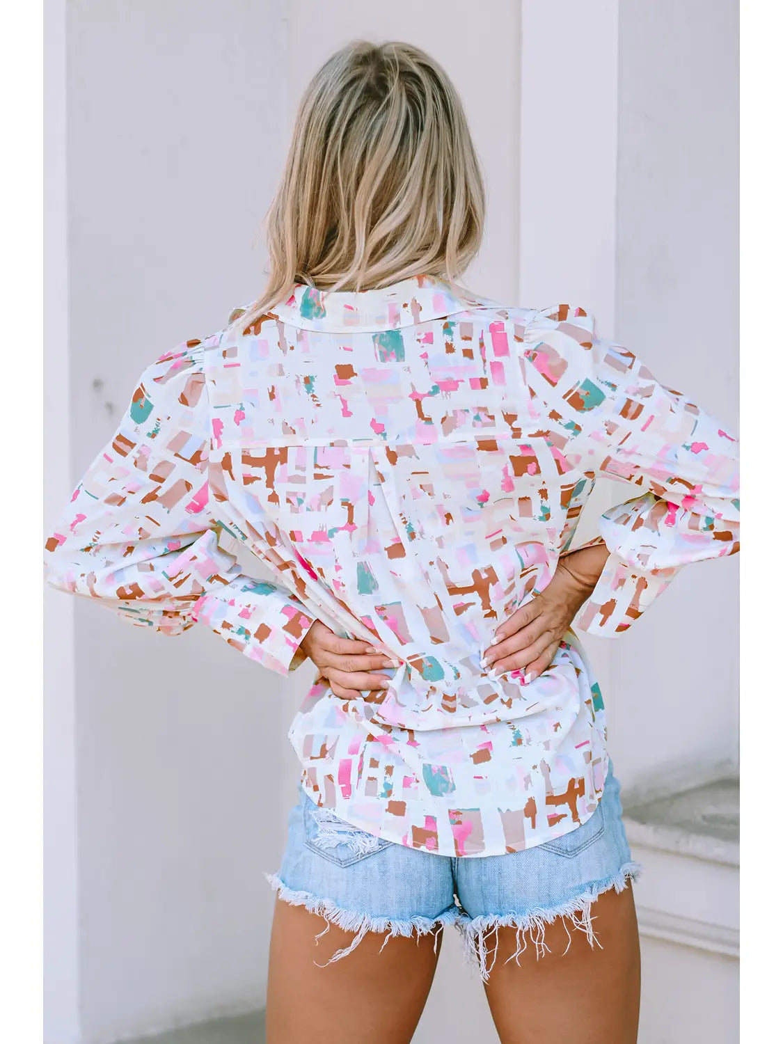 Multicolor Abstract Print Lantern Sleeve Casual Shirt