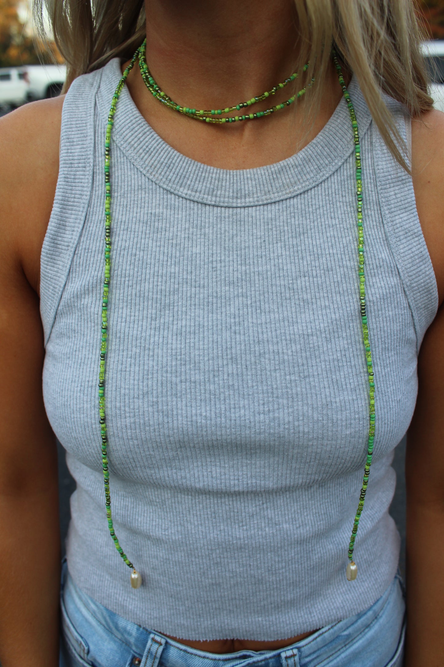 Multi Green Beaded Wrap Necklace