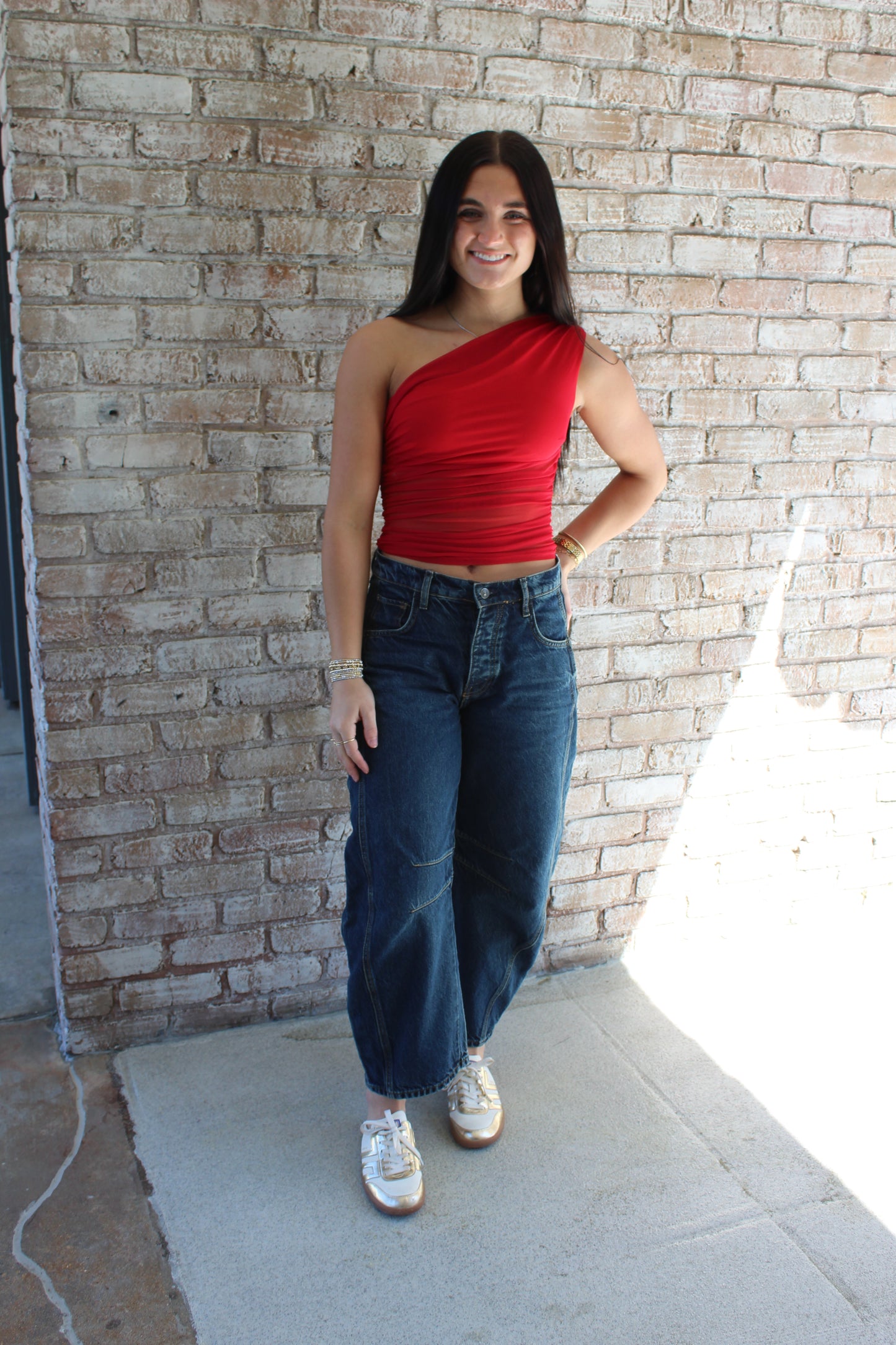 ONE SHOULDER MESH TANK TOP