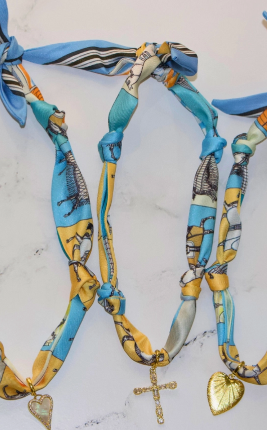 Scarf Necklace ~ Blue Horse Pattern - Cross