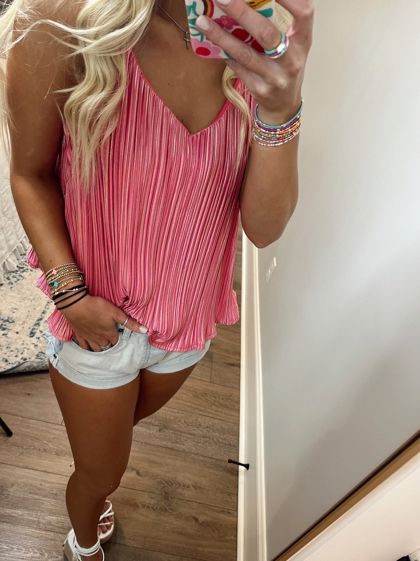 Pink and Gold Metallic Plisse Cami