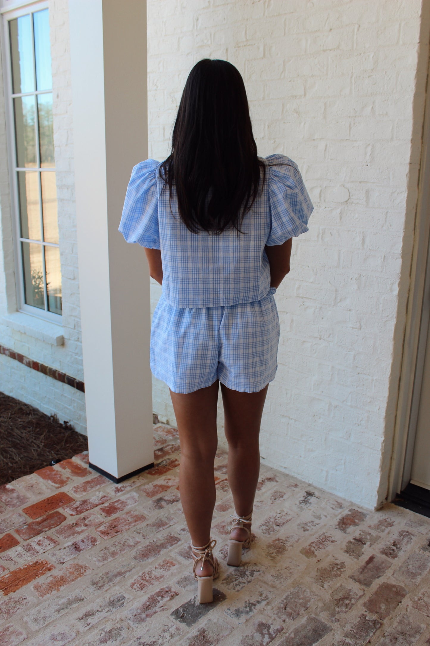 Lily Plaid Bow Tie Shorts Set - Blue