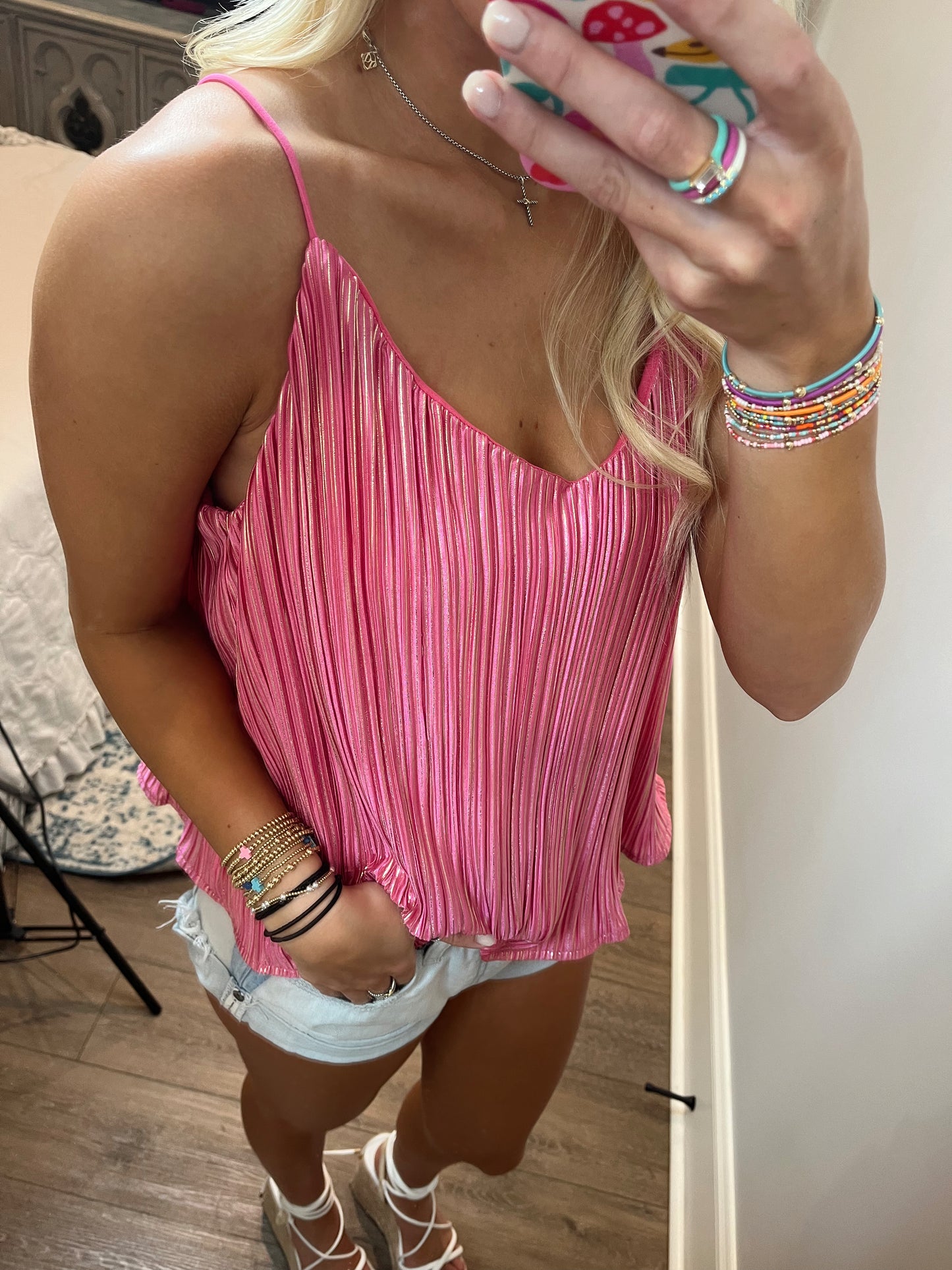 Pink and Gold Metallic Plisse Cami