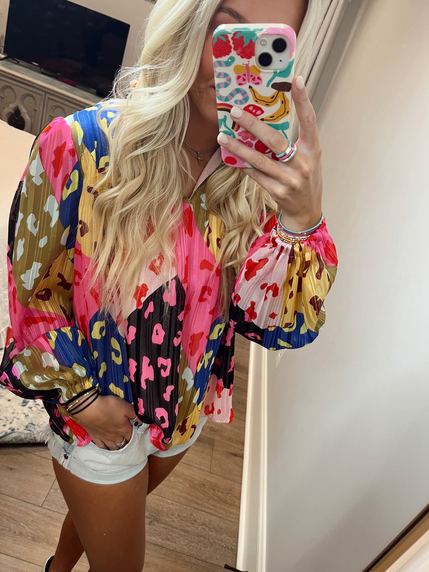 LDC Leopard Color Block Printed Crinkle Blouse