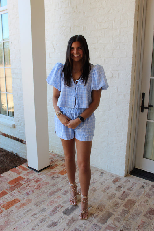 Lily Plaid Bow Tie Shorts Set - Blue