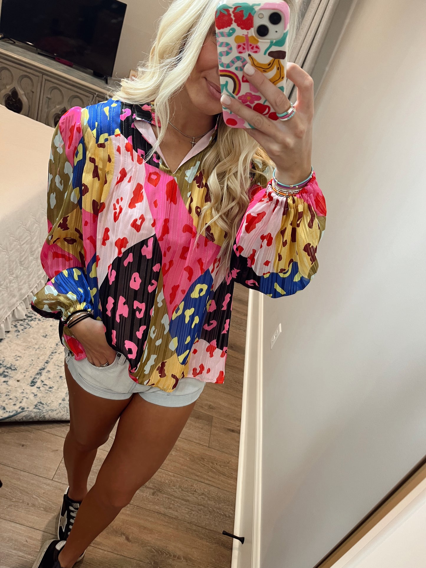 LDC Leopard Color Block Printed Crinkle Blouse