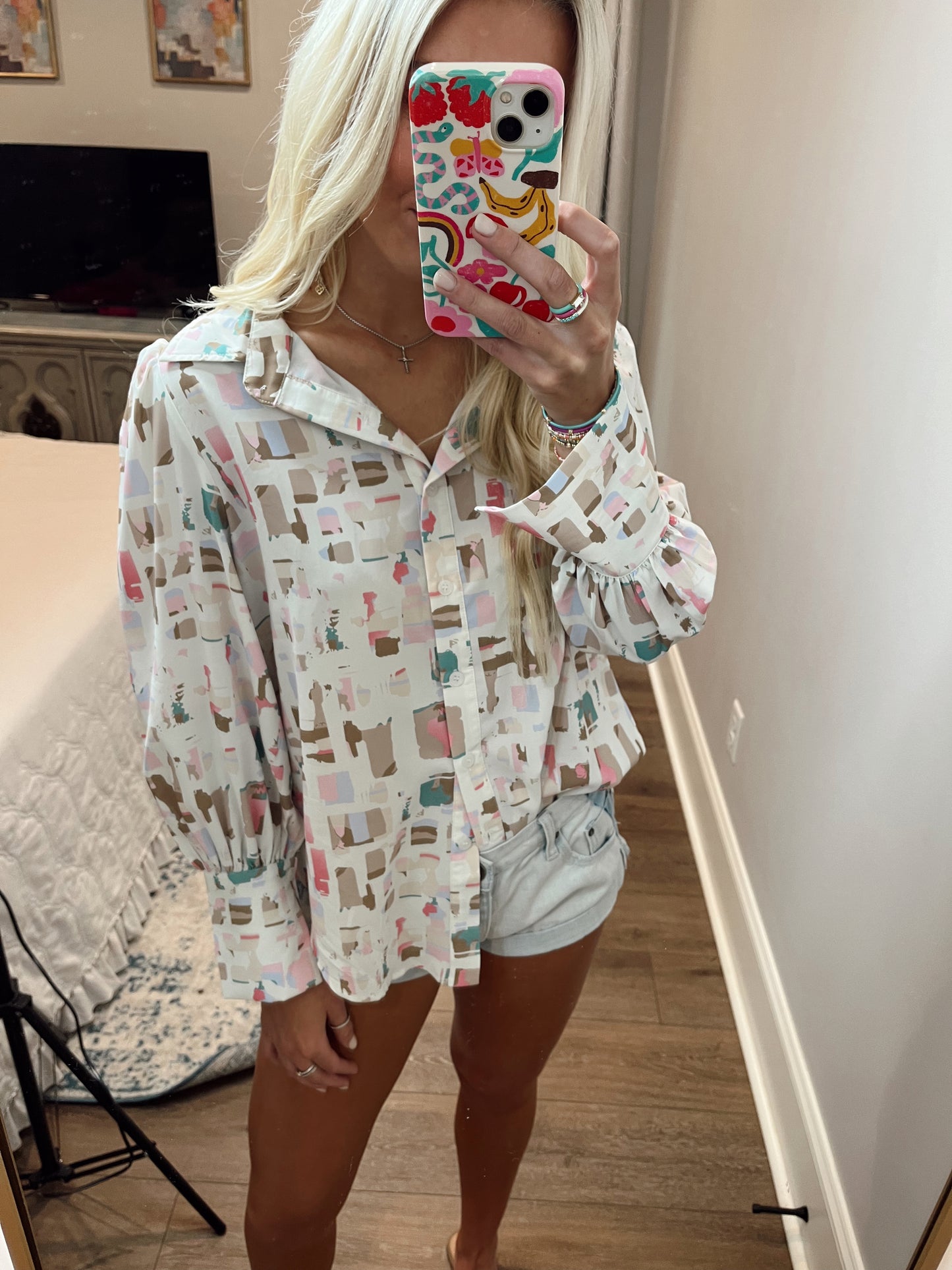 Multicolor Abstract Print Lantern Sleeve Casual Shirt