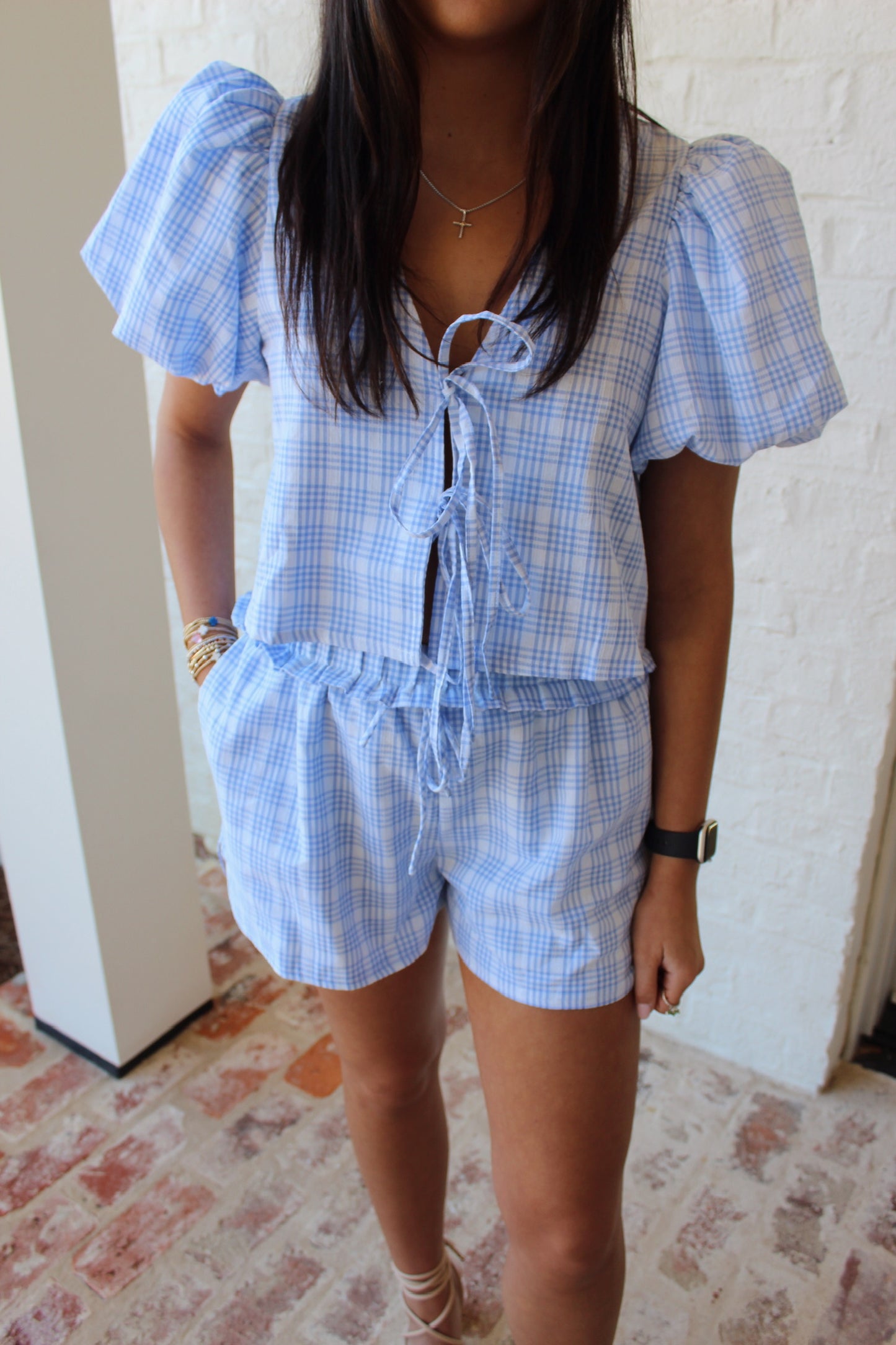 Lily Plaid Bow Tie Shorts Set - Blue