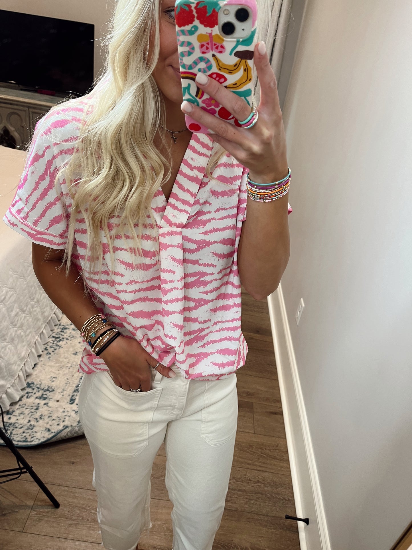 Zebra Striped V-Neck Rolled-up Sleeve Blouse