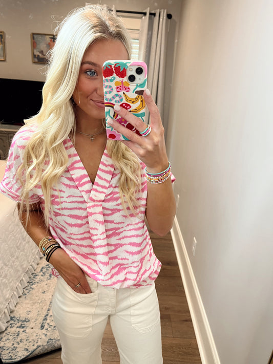 Zebra Striped V-Neck Rolled-up Sleeve Blouse