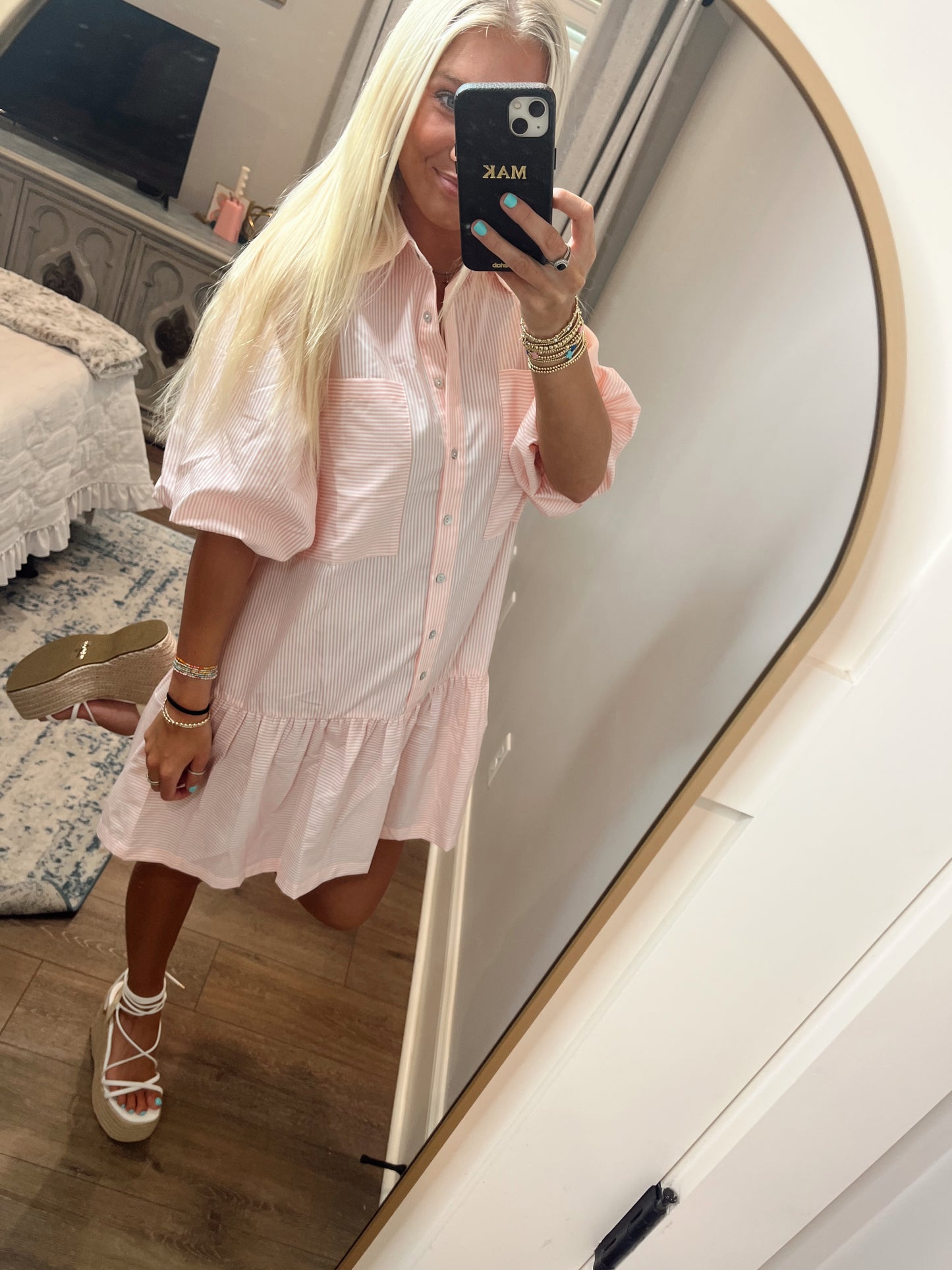 Macey Pink Striped Button Down Dress