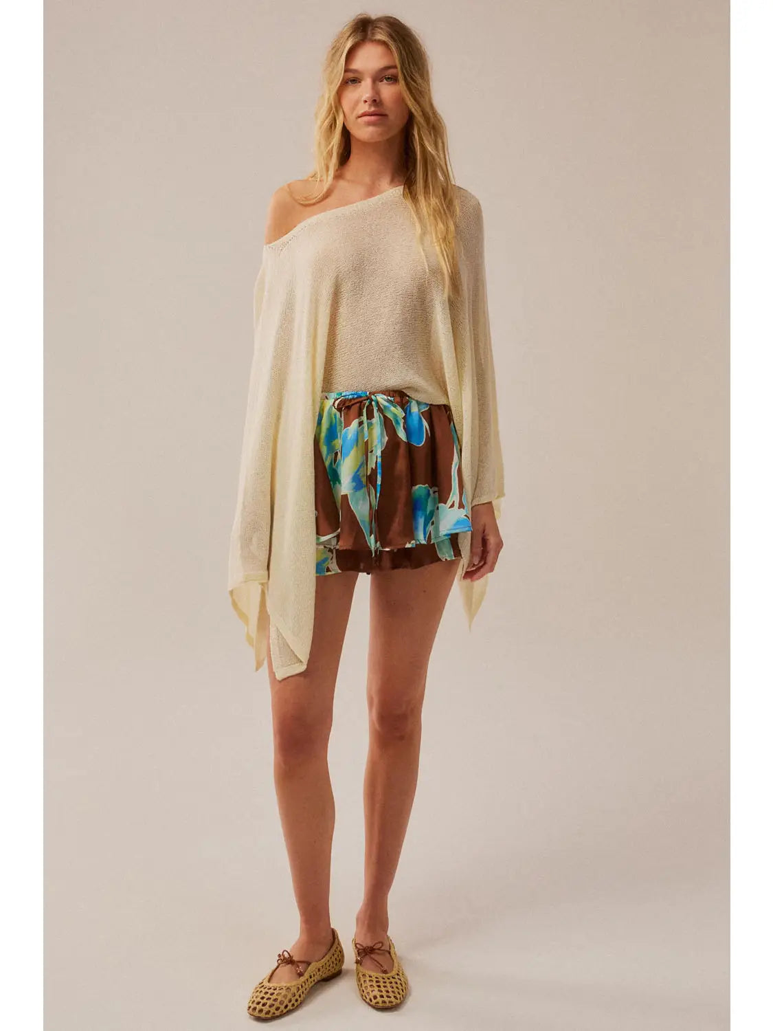 Sheer Lightweight Knit Cropped Poncho - Off White