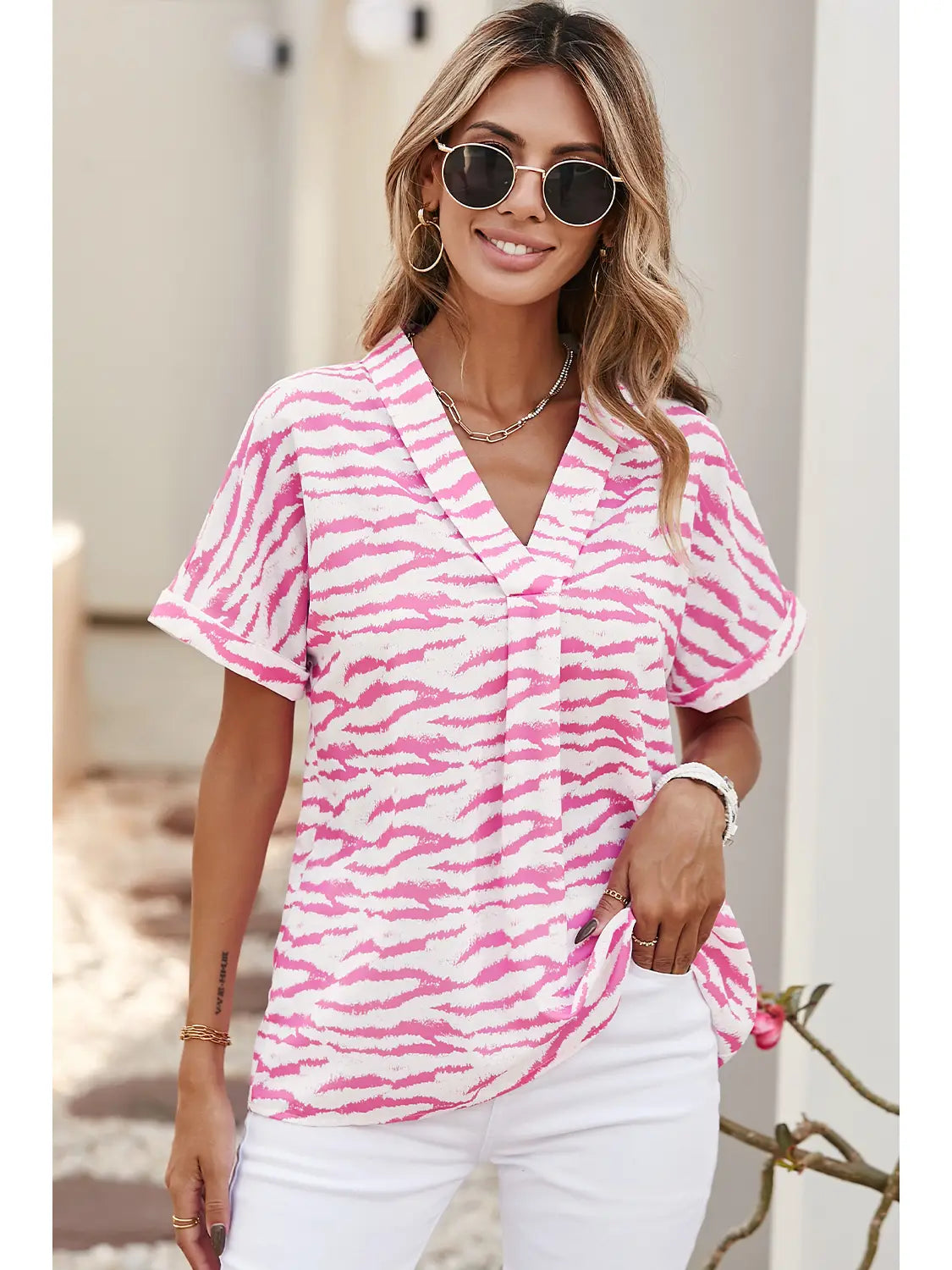 Zebra Striped V-Neck Rolled-up Sleeve Blouse