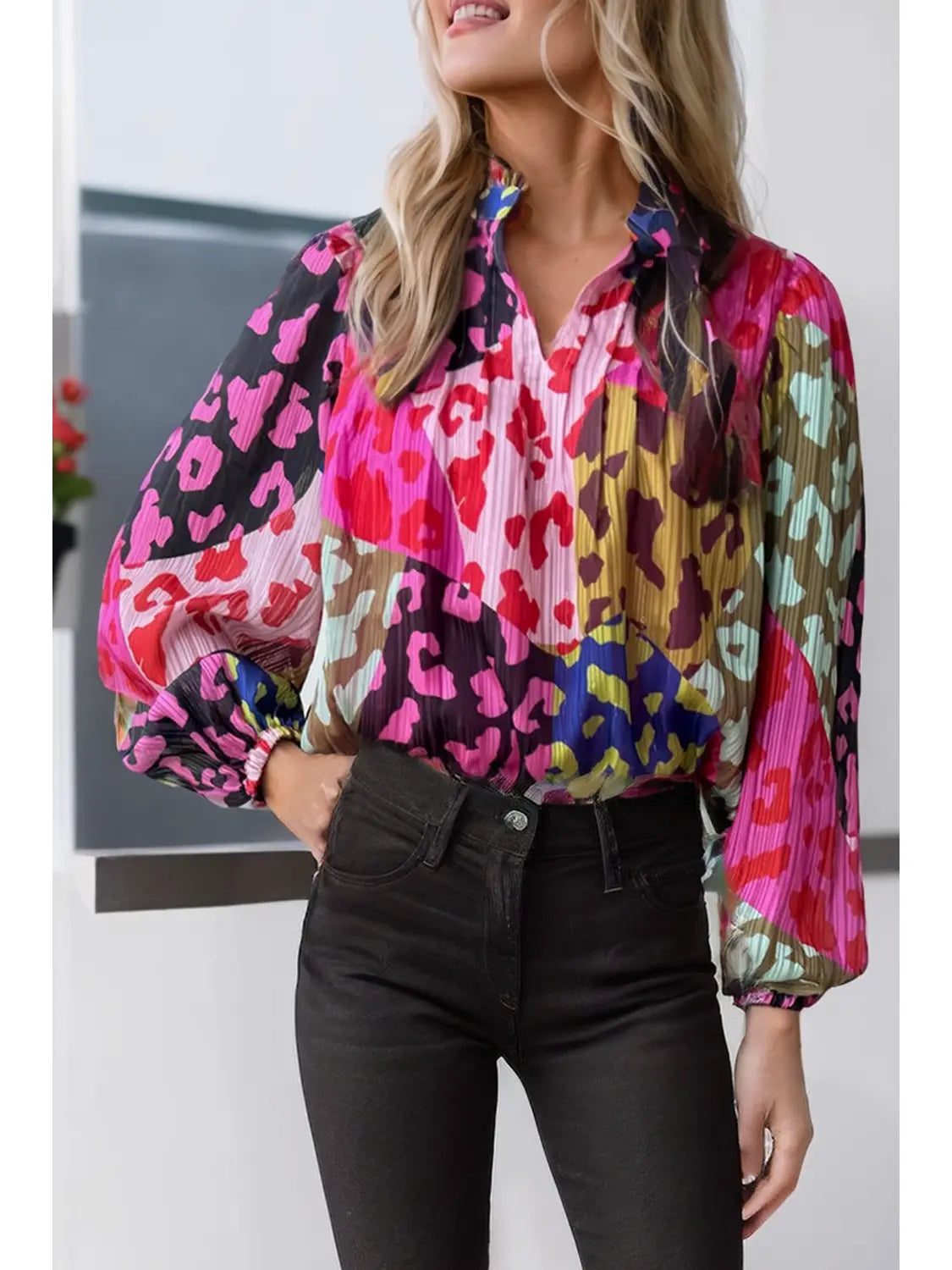 LDC Leopard Color Block Printed Crinkle Blouse
