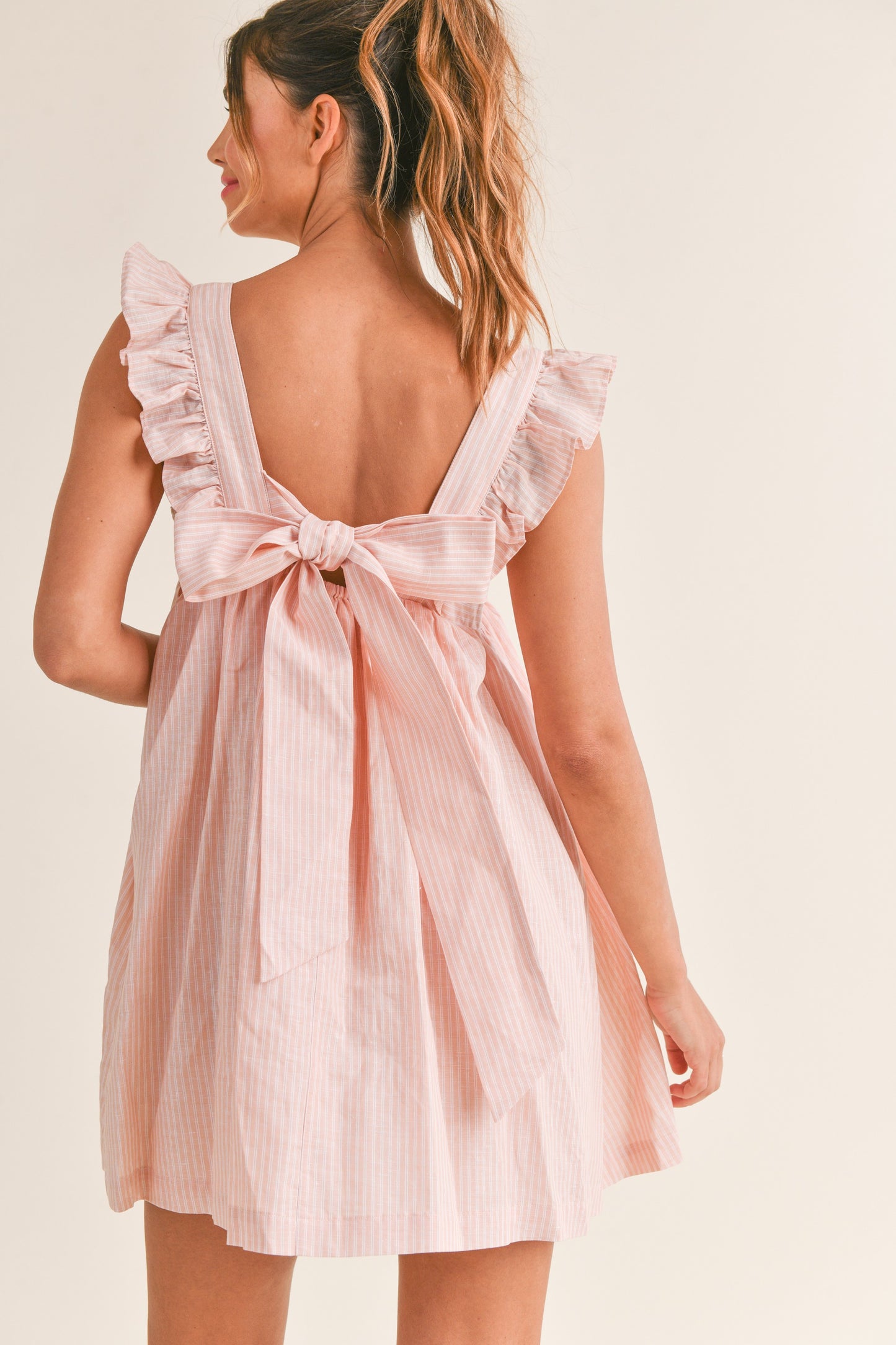 LINEN STRIPED RUFFLE SLEEVE BACK BOW MINI DRESS