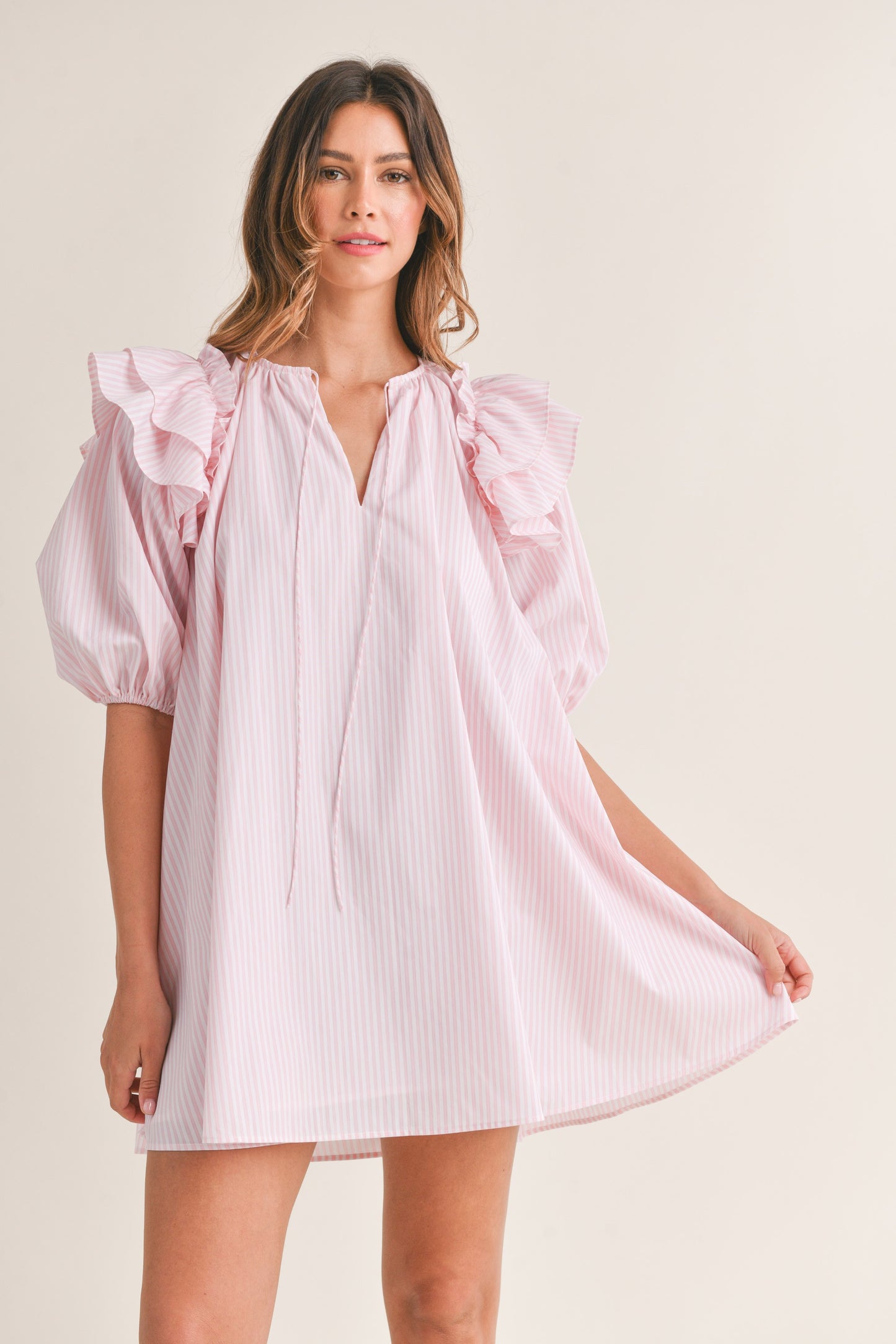 STRIPPED RUFFLE SHOULDER PUFF SLEEVE MINI DRESS