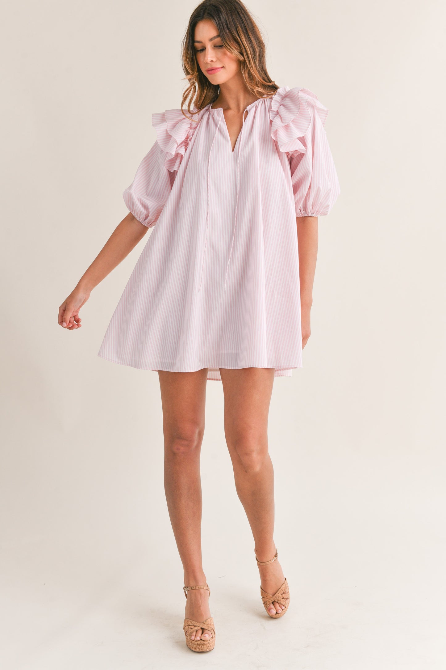 STRIPPED RUFFLE SHOULDER PUFF SLEEVE MINI DRESS