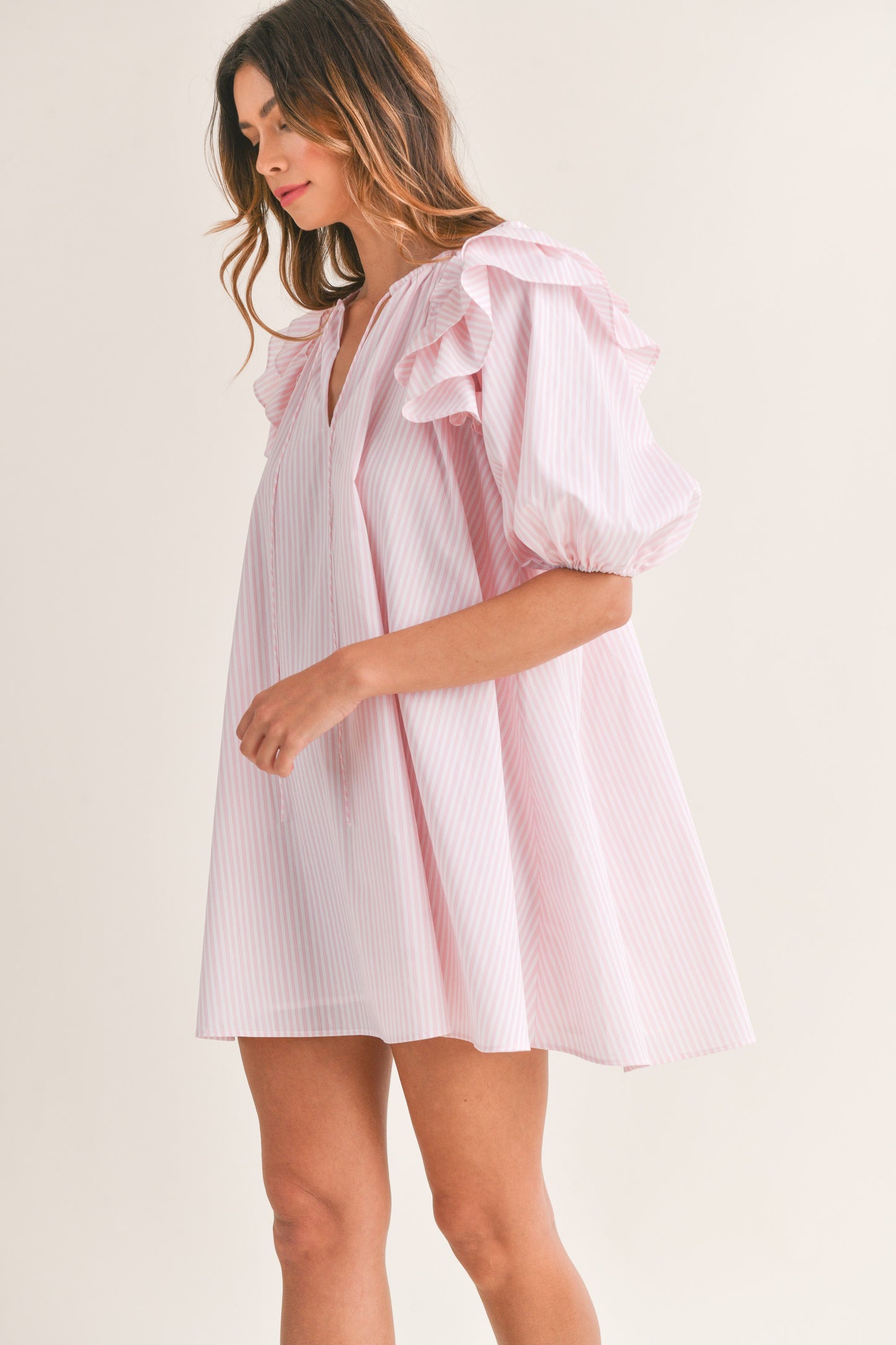 STRIPPED RUFFLE SHOULDER PUFF SLEEVE MINI DRESS