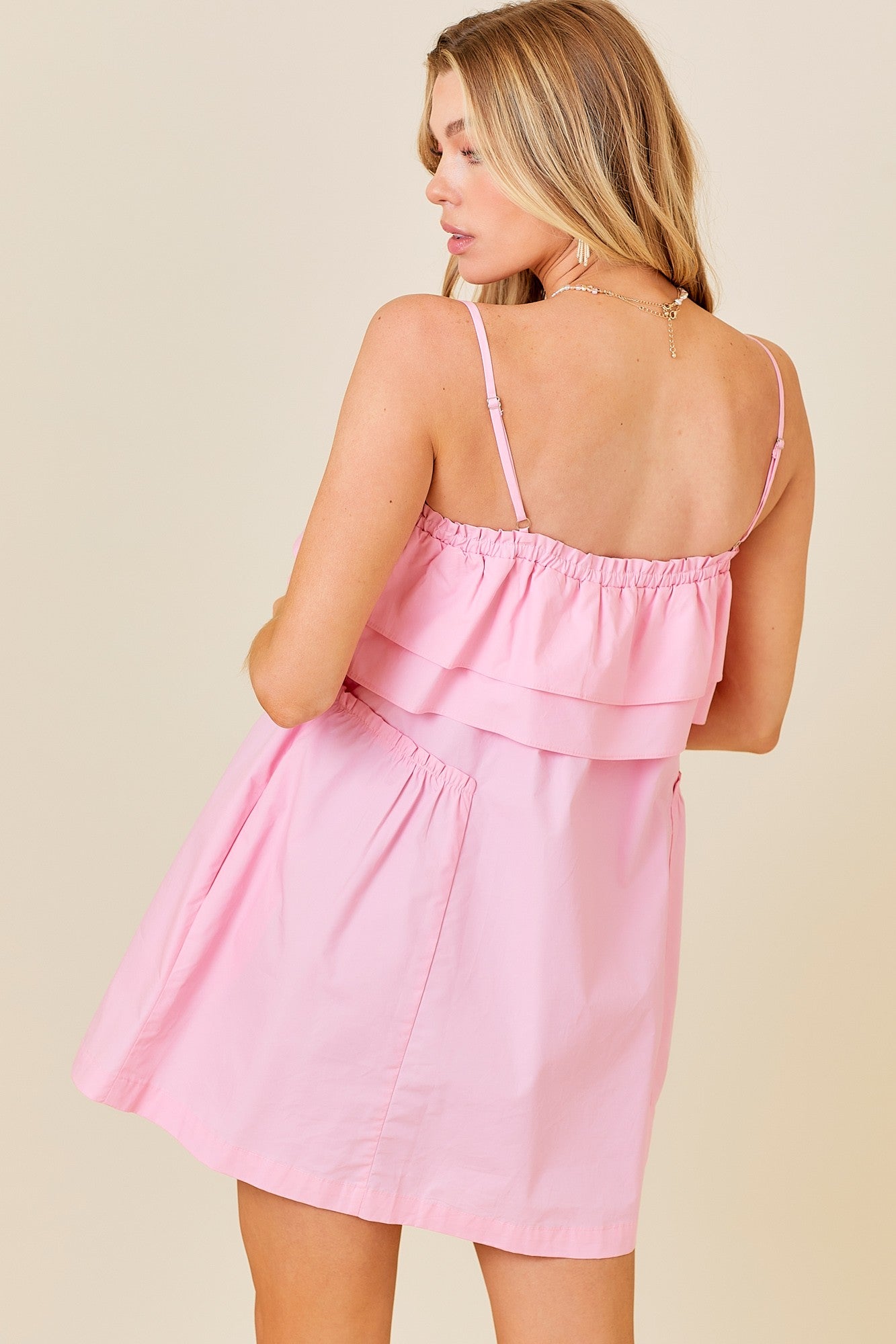 RUFFLE NECKLINE DRESS WITH SIDE SHIRRING DETAILS