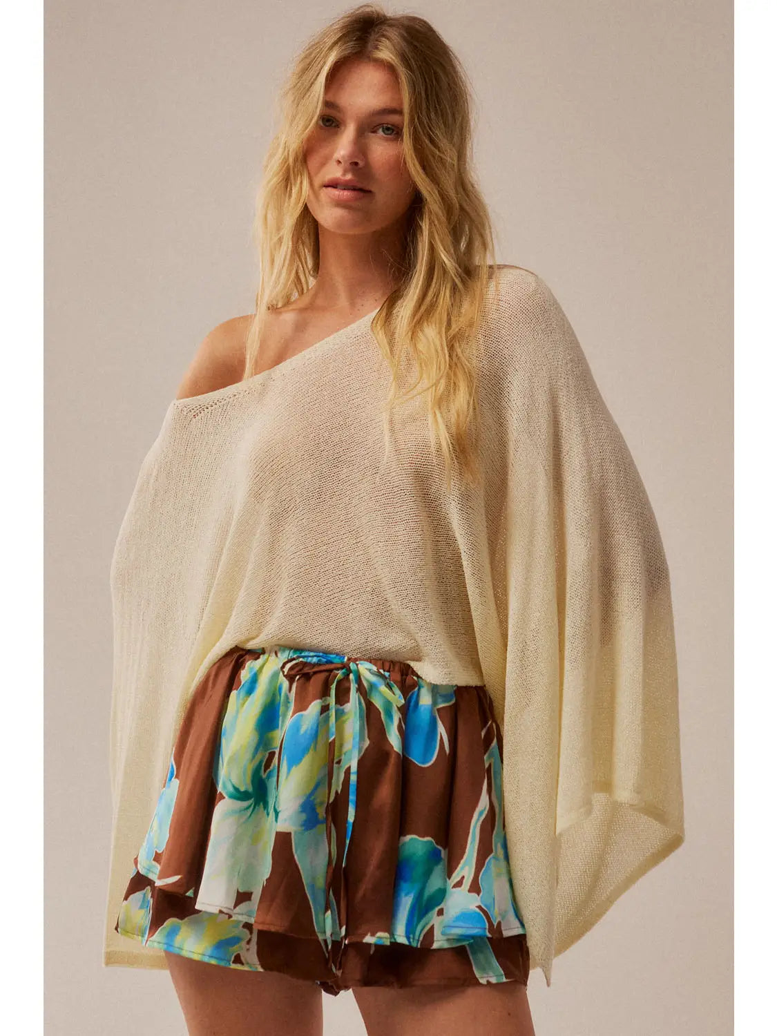 Sheer Lightweight Knit Cropped Poncho - Off White