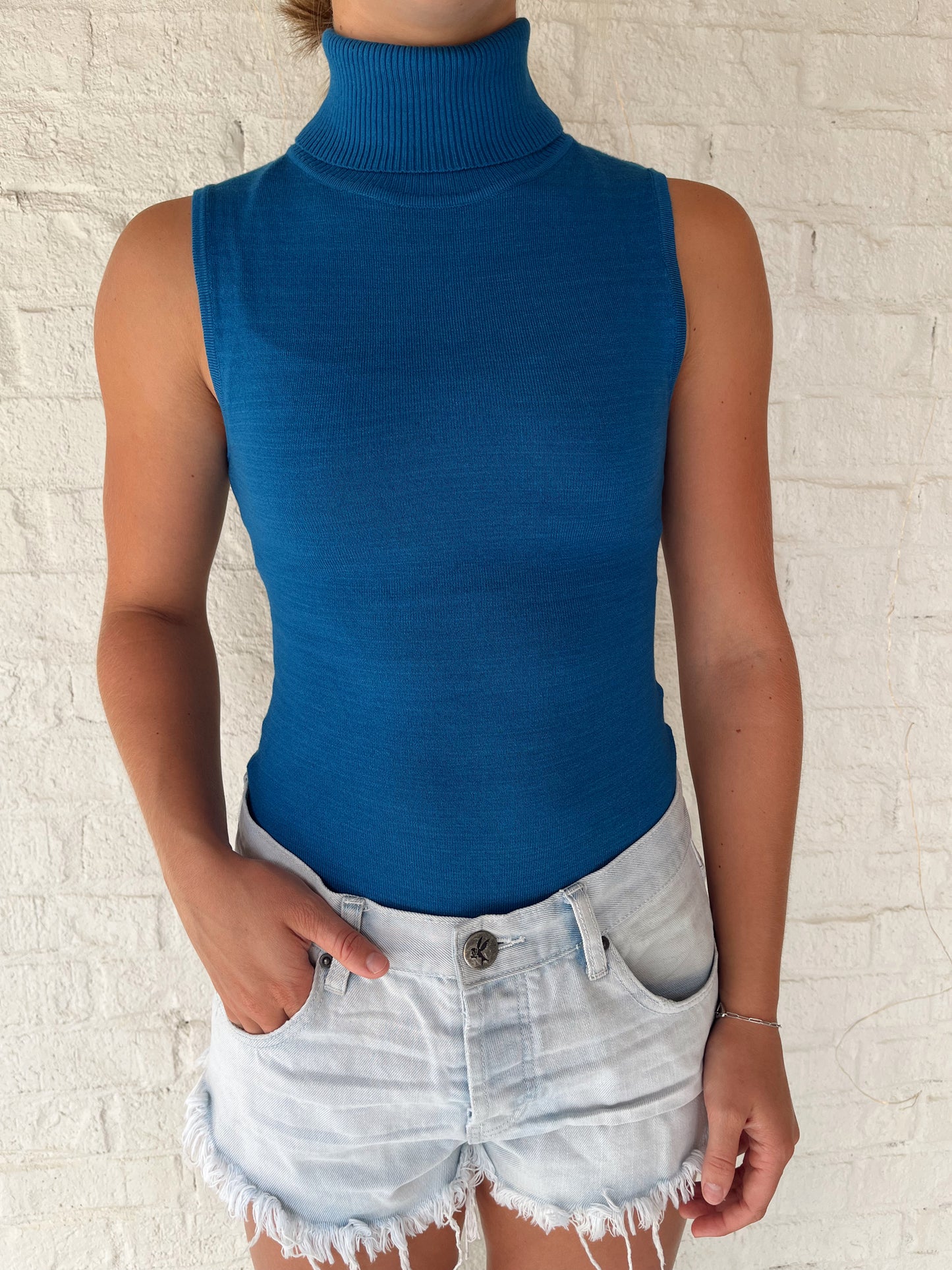 Sleeveless Cobalt Turtleneck Bodysuit