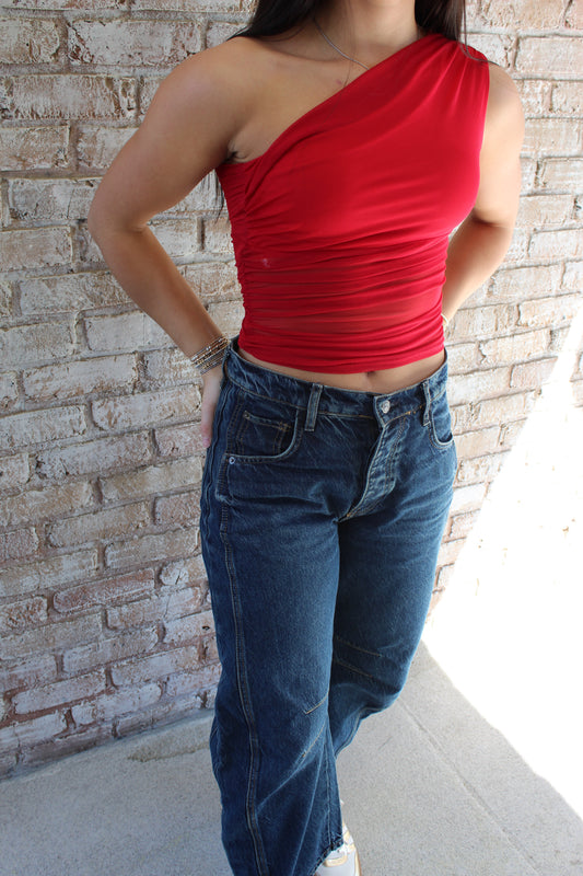 ONE SHOULDER MESH TANK TOP