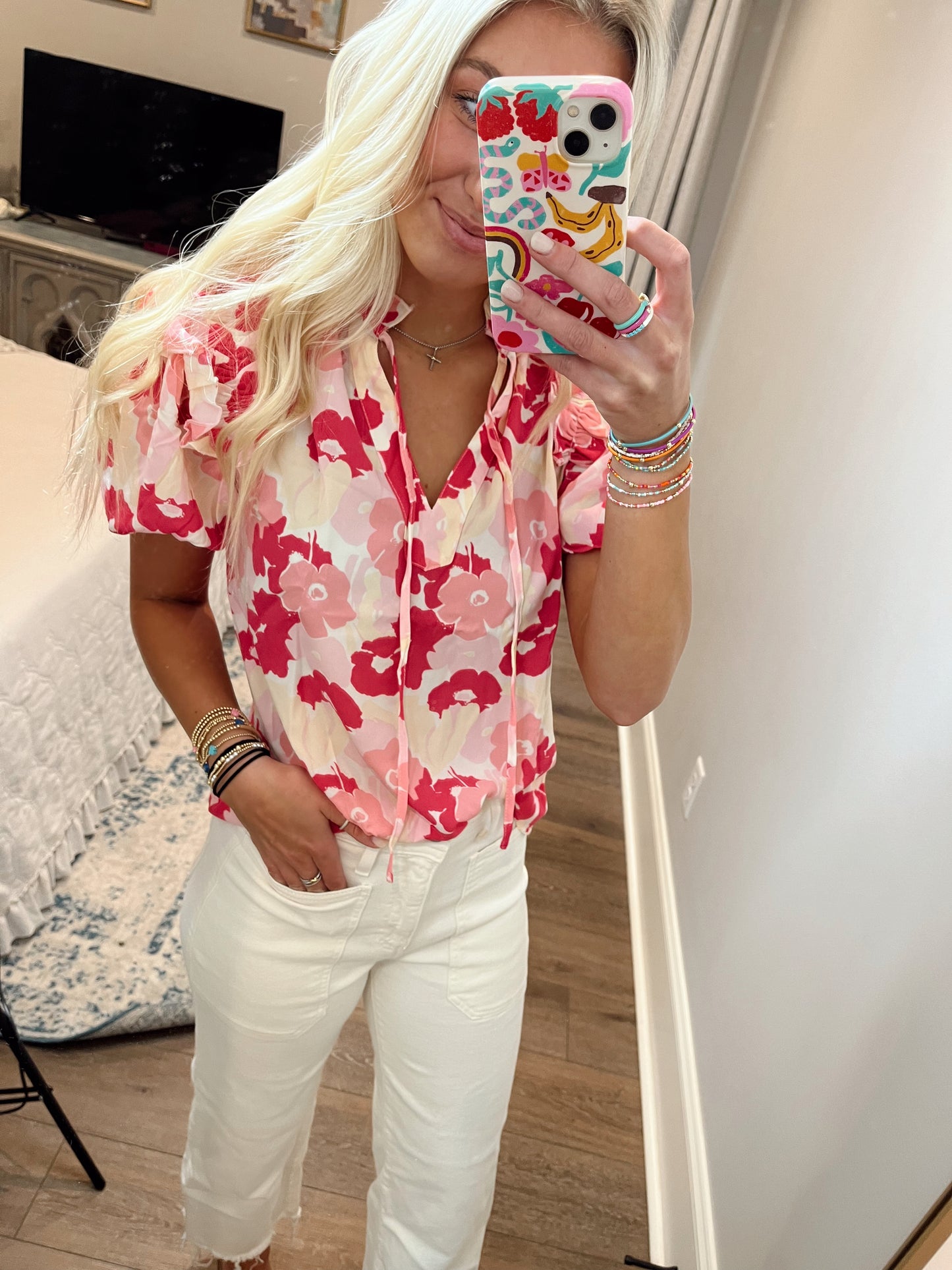 Floral Split Neck Ruffle Top Pink