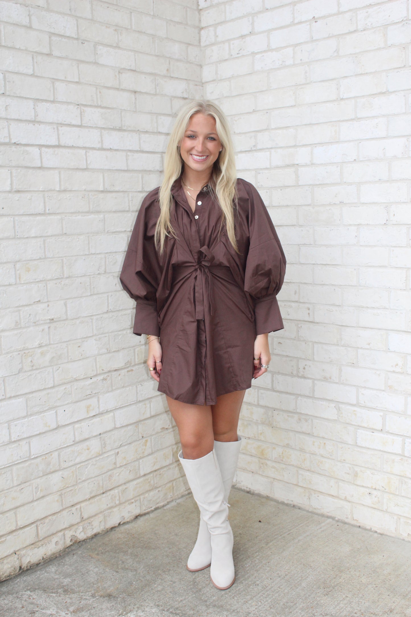 Statement Sleeve Mini Short Dress - Brown