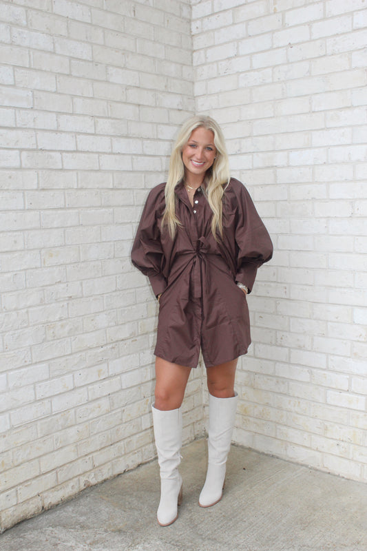Statement Sleeve Mini Short Dress - Brown