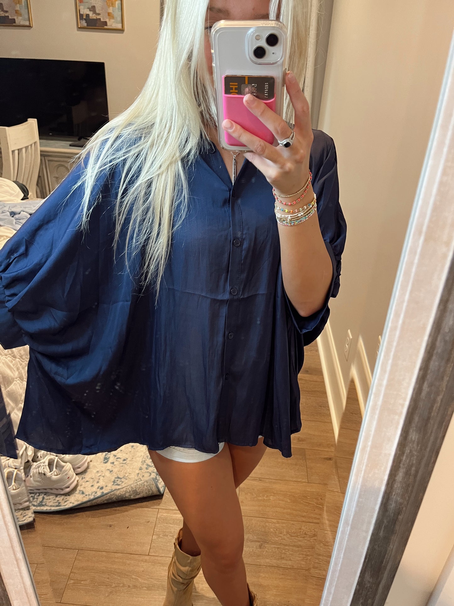 Navy Oversized Satin Button Down