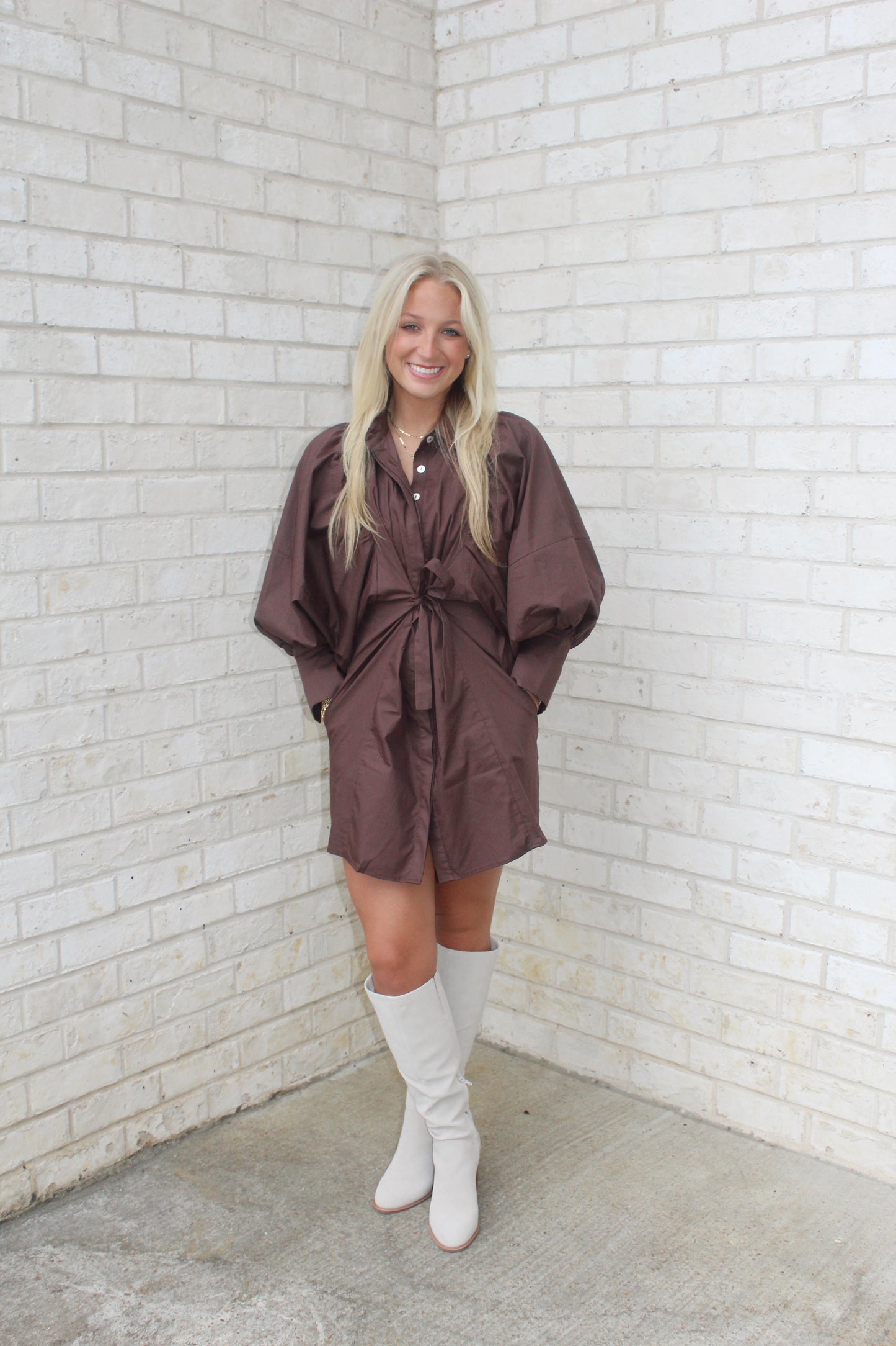 Statement Sleeve Mini Short Dress - Brown