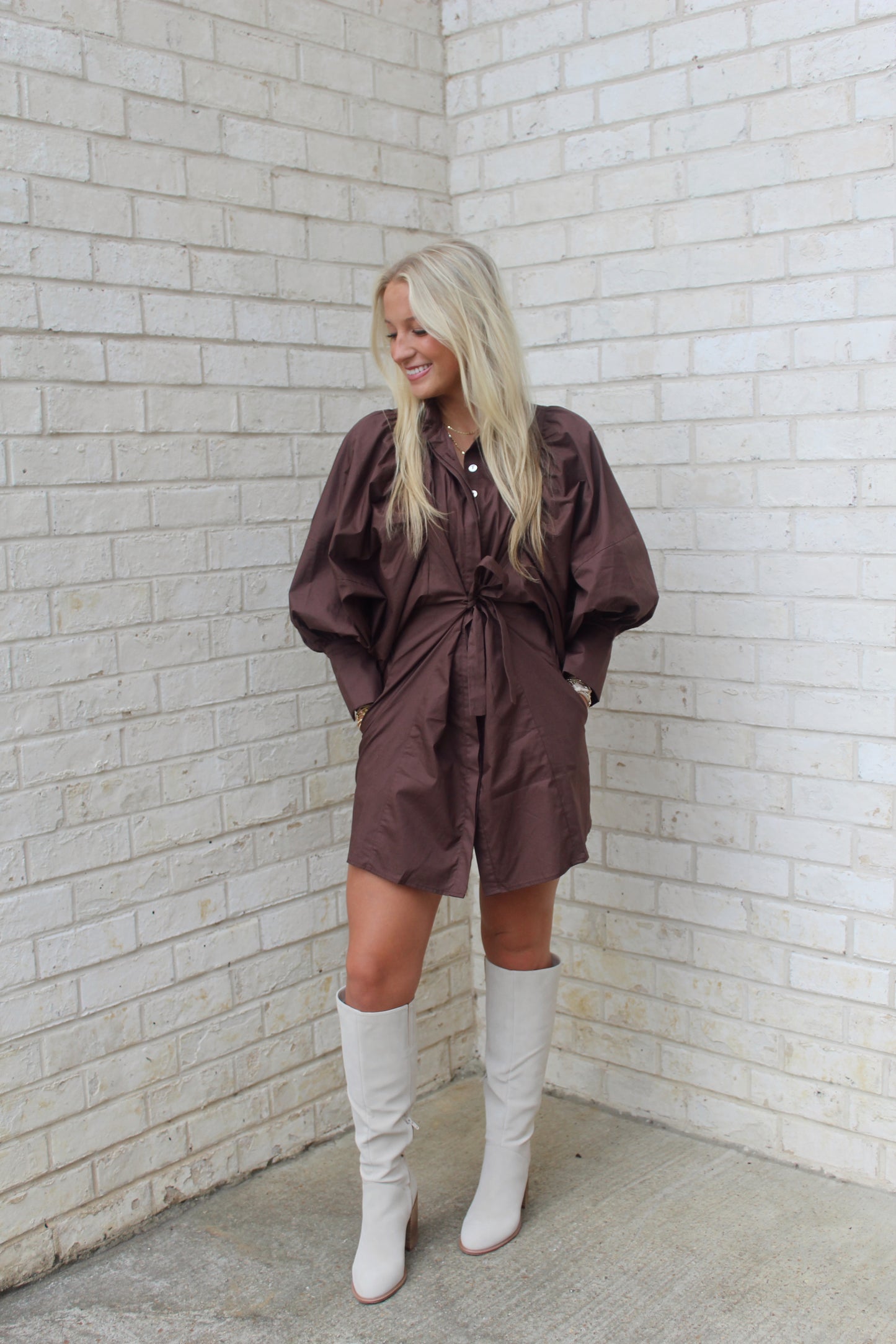 Statement Sleeve Mini Short Dress - Brown