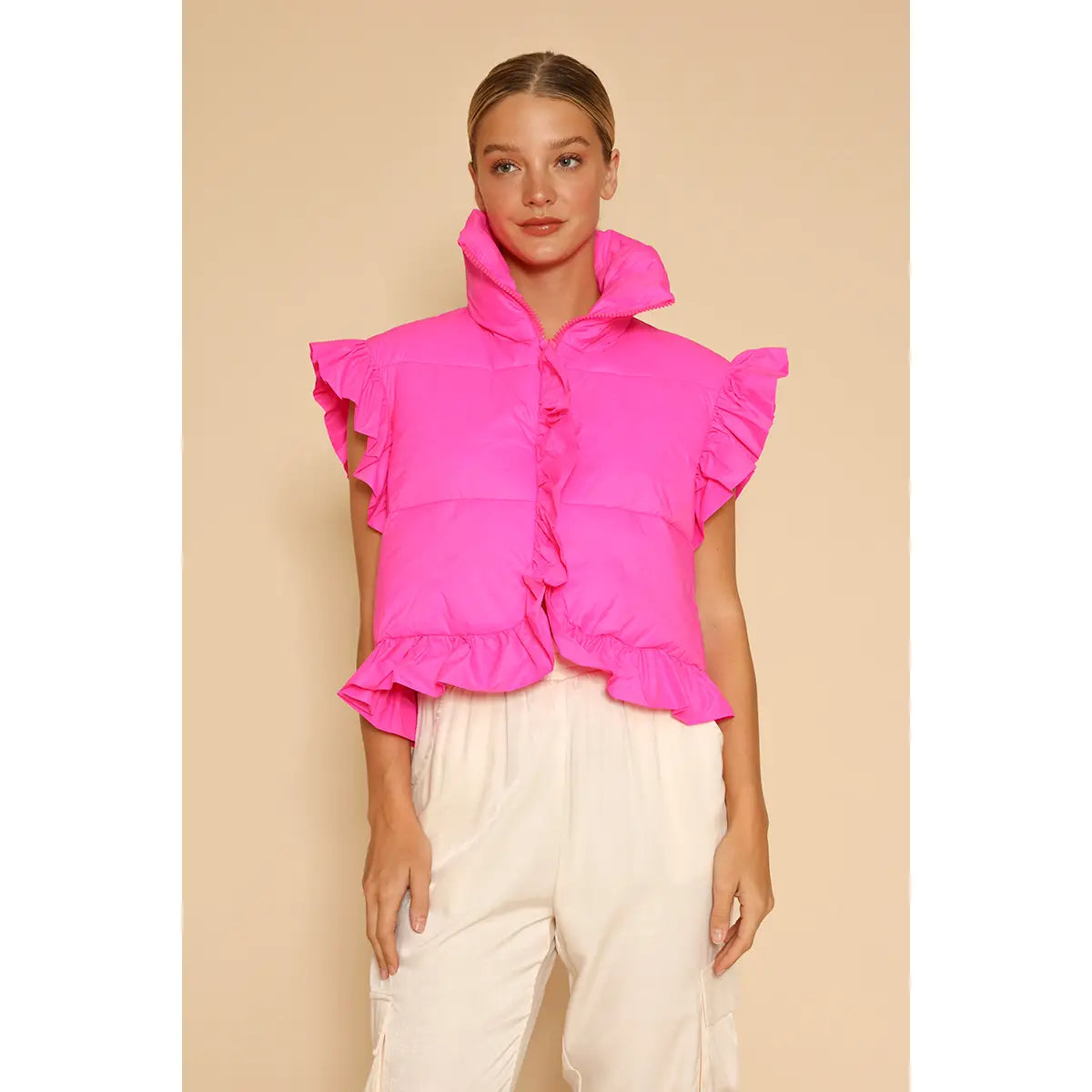 Mia Cropped Ruffle Puffer Vest