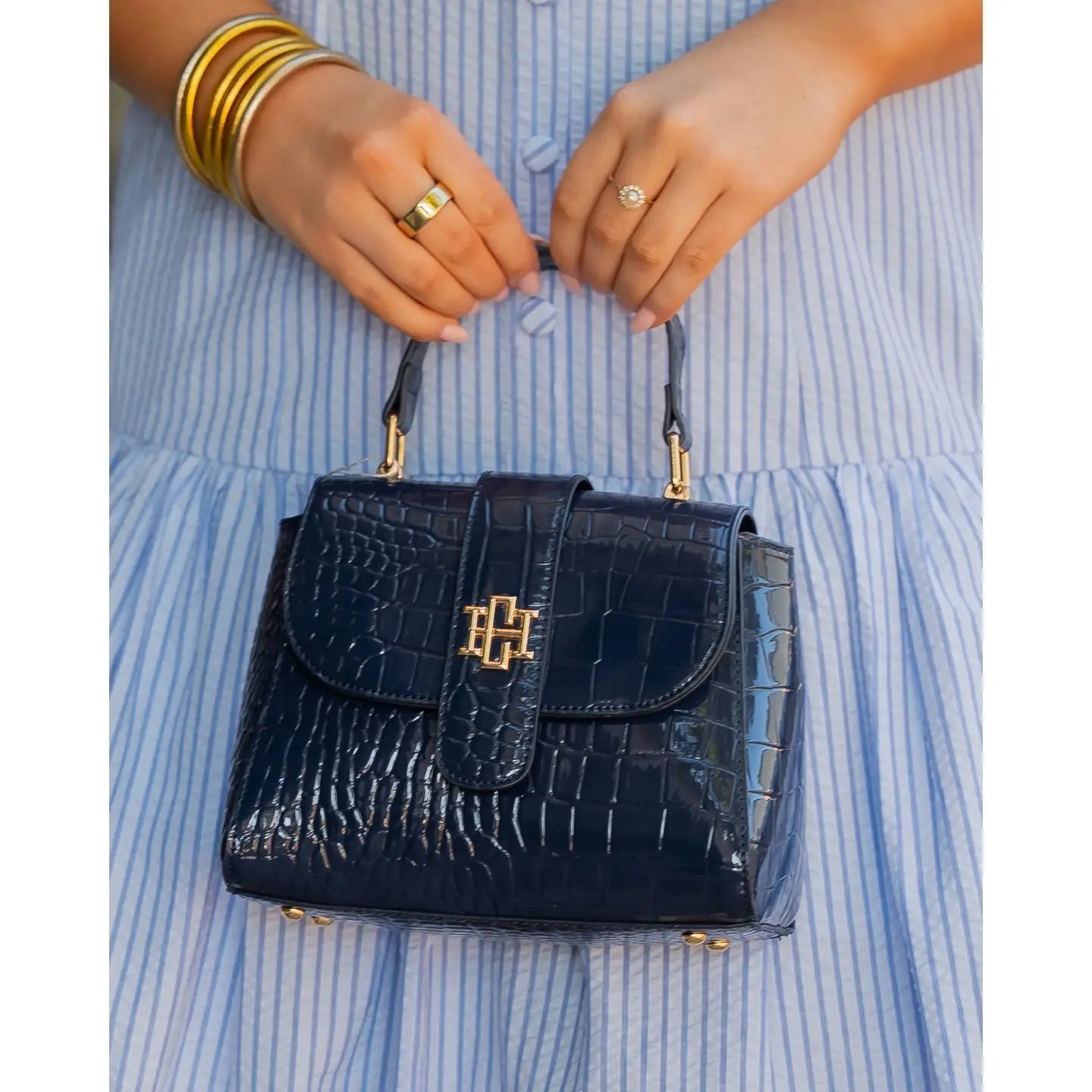 Tucker Handbag Navy Patent - Caroline Hill