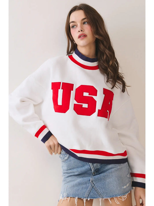 USA Letter Print Contrast Trim Sweatshirt