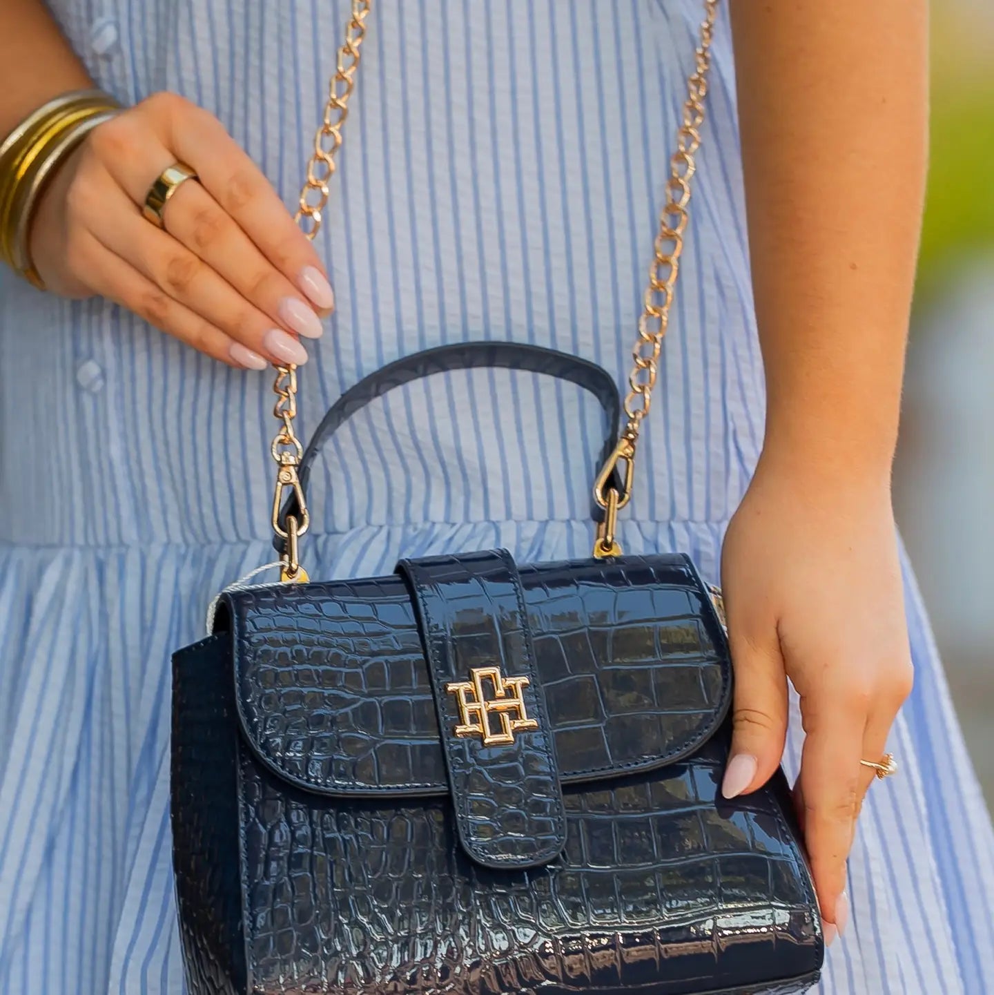 Tucker Handbag Navy Patent - Caroline Hill